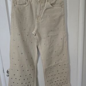 Zara Tan Embellished Flare Jeans